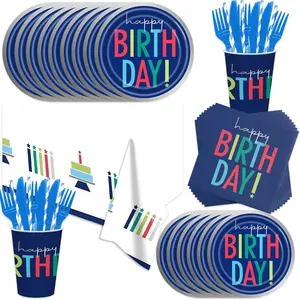 141Pcs Blue Happy Birthday Plates Napkins Set Disposable Baby Boy Shower Paper Plates and Napkins Table Cover Party Supplies Navy Blue Happy Birthday Tableware Decorations for Men Serve 20