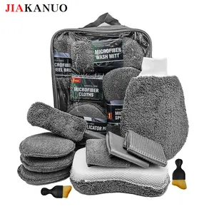 JIAKANUO Car Cleaning Kit 11 Pieces Includes Microfiber Towels Cleaning Brush Sponges Gloves Specialized Car Wash Kit with Storage Bag （grey）