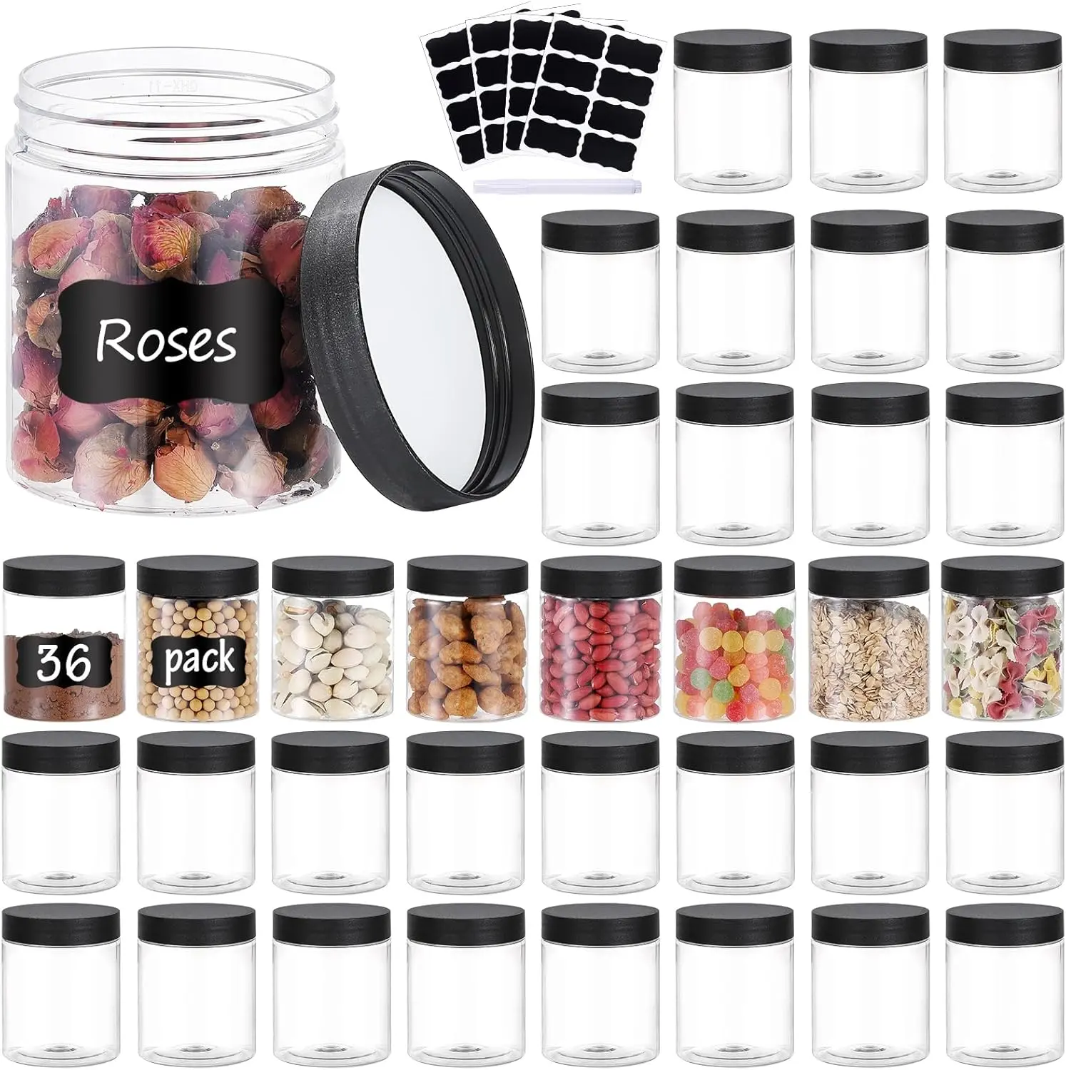 36 count 8OZ Plastic Jars with Screw On Lids, Pen and Labels Refillable Empty Round Slime  Containers for Storing Dry , Makeup, Slime, Honey Jam, Cream, Butter, Lotion (Black)