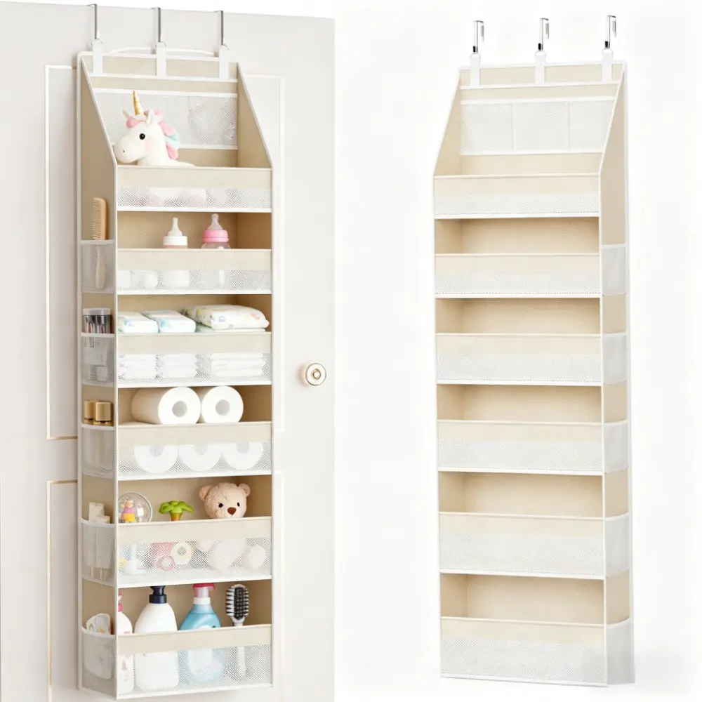 Over the Door Organizer, 6-Shelf Closet Hanging Storage with 13 Mesh Pockets, Fabric Compartments, 55lbs Capacity Behind the Door Space Saver Storage, Multi Purpose Storage for Baby Nursery, Bathroom, Bedroom, and Dorm