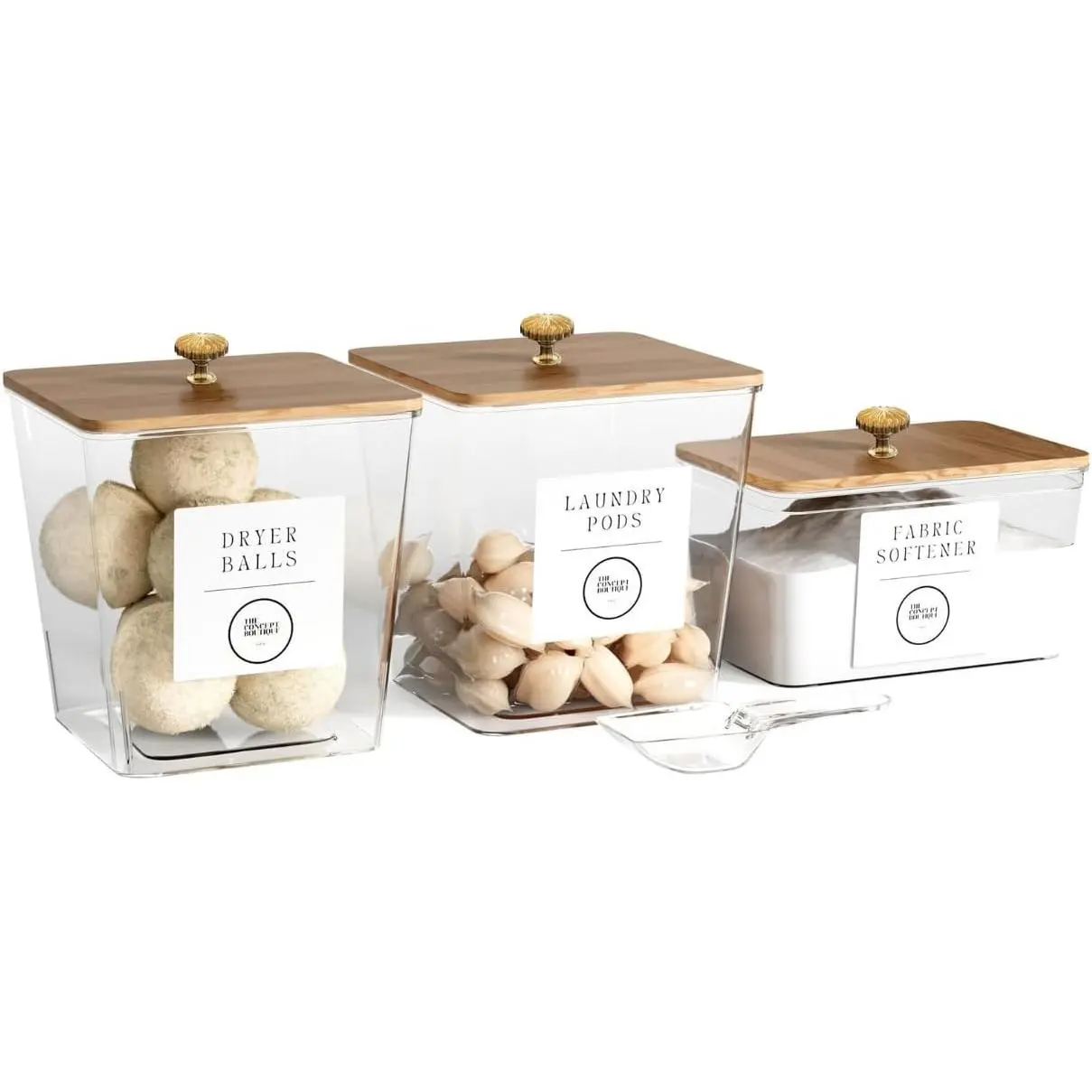 3 Pack Acrylic Laundry Room Organization Containers with Gold & Wood Knobs – Laundry Pods Container & Detergent Organizer Set | Clear Laundry Jars | Scoops & Customizable Labels | Storage Canisters