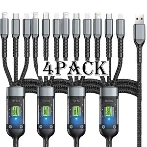 4pcs 100W 3in 1 Fast Charging USB Cable 1.2m/ 4ft Nylon Braided Charging Cable with Type-C, Micro USB, IP Port for iPhone Huawei Xiaomi Multi Port Multiple Charging Wire MFi Certified