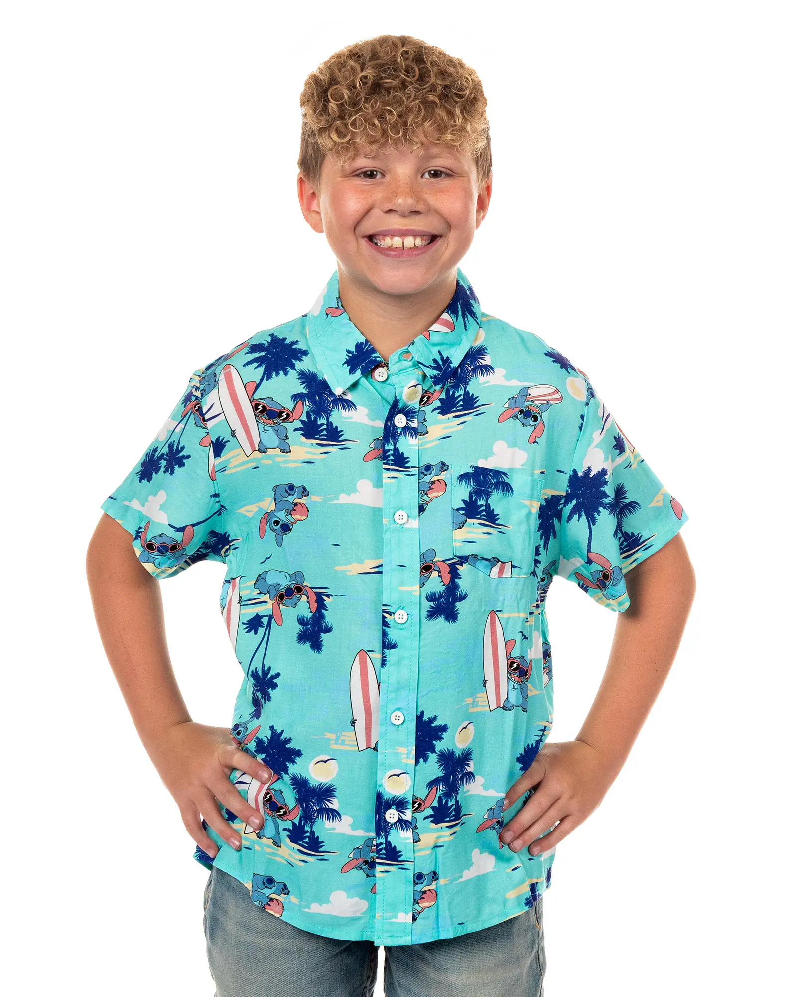 Disney Stitch Hawaiian Shirt Boys' Button-Up Short Sleeve Woven Top, Clouds, Short Sleeves, Collared, Button-Up Boys' T-Shirts, Cartoon Pattern Boys' T-Shirts, Colorful Cartoon Character Graphic Boys' T-Shirts