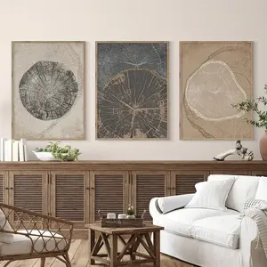 Set Of 3pcs Nordic Style Tree Ring Stump Painting, Retro Abstract Art Poster