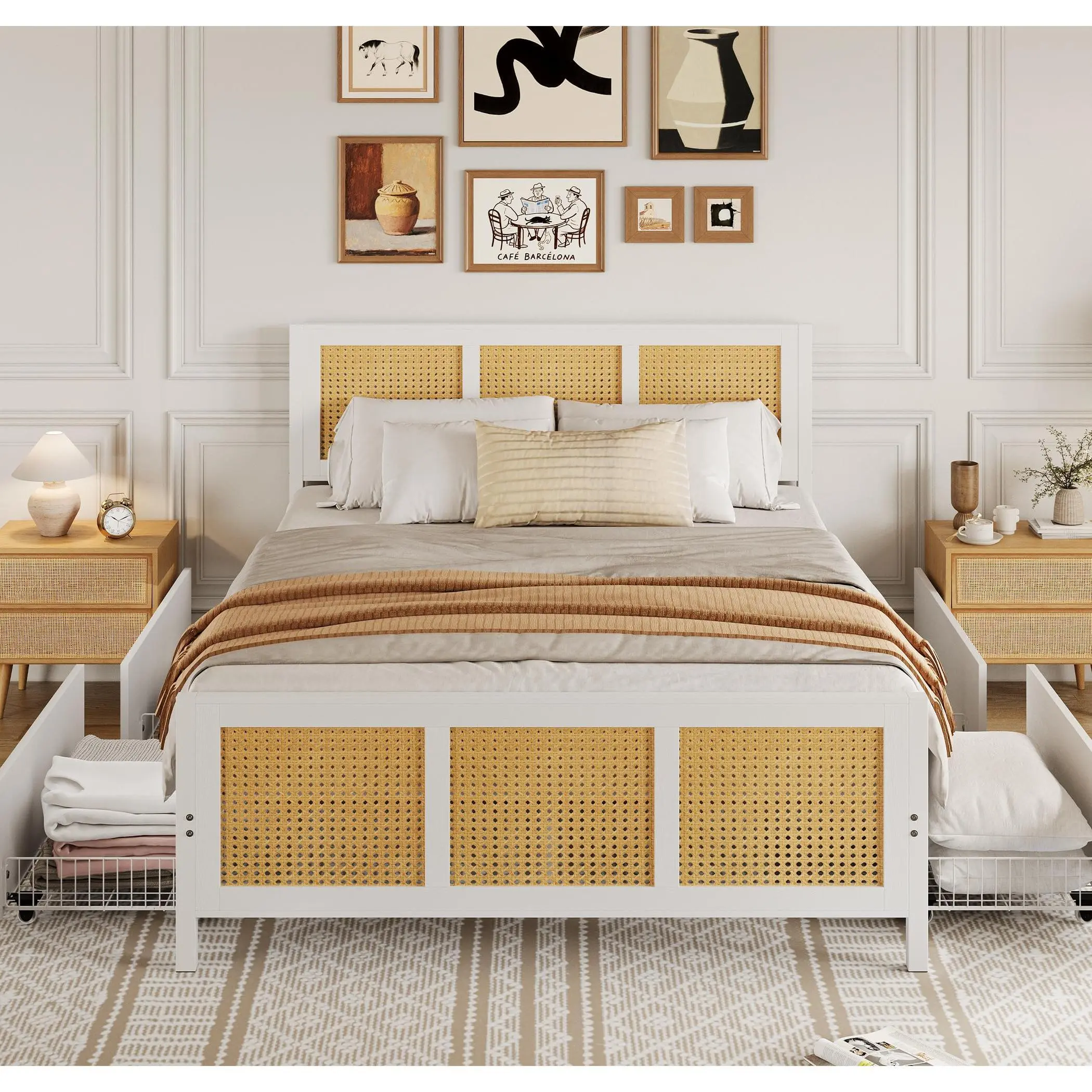 Garvee King Size White Rattan Bed Frame with Headboard - Boho Cane Platform Bed with 4 Drawers, Strong Metal Slats Support, Noise-Free, No Box Spring Needed, Led-Accented, Self-Assembling, King Size Bed Frame, Led-Accented Bed Frames