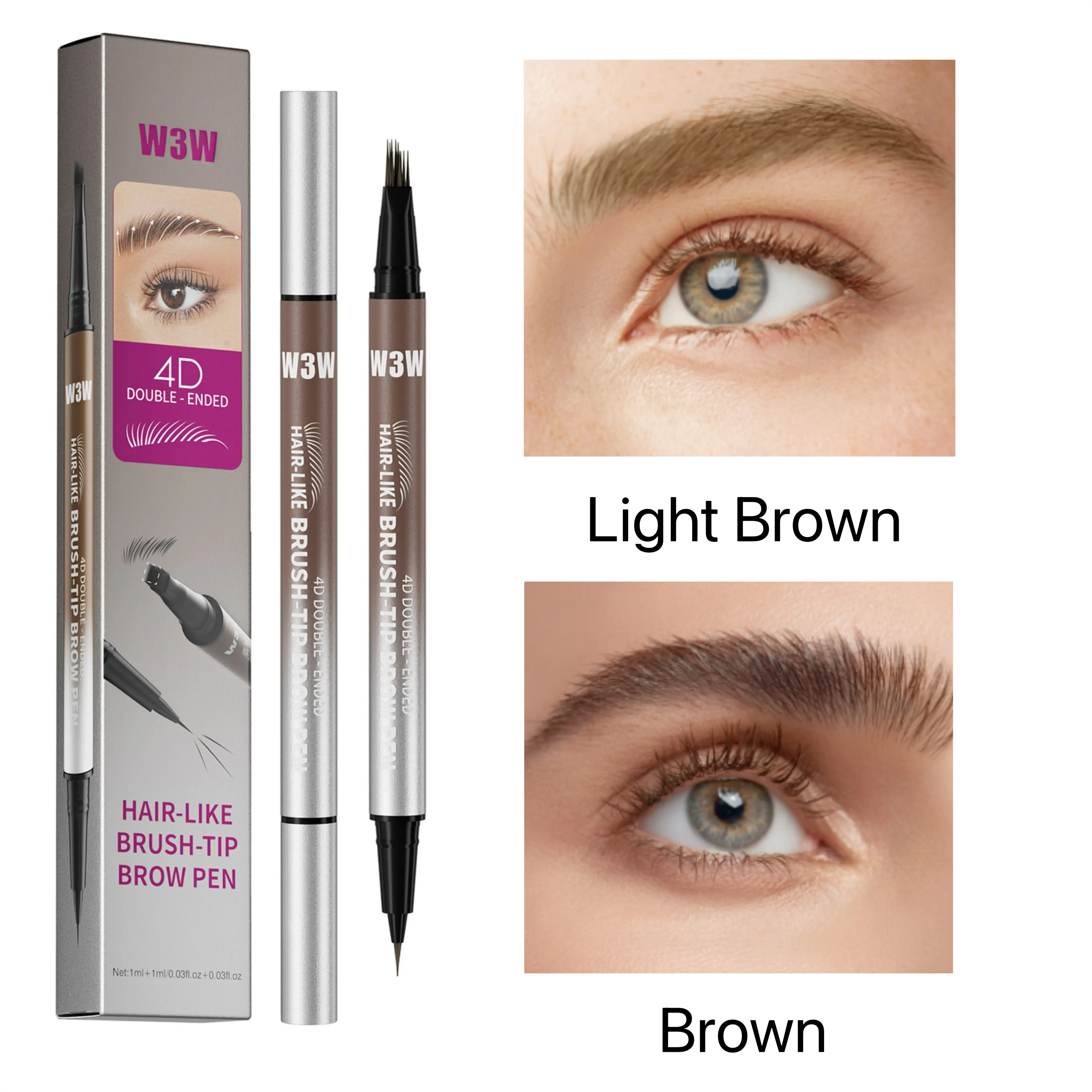 【W3W】Dual-Ended 4D brown micro-fork Eyebrow Pen - Waterproof, 24-Hour Smudge-Proof, Sweat-Resistant,  ultra-fine Tip, color choice Natural hair-like stroke Hairlike Finish for All Skin Types summer soft filling wild refy long-lasting clear Brow cover