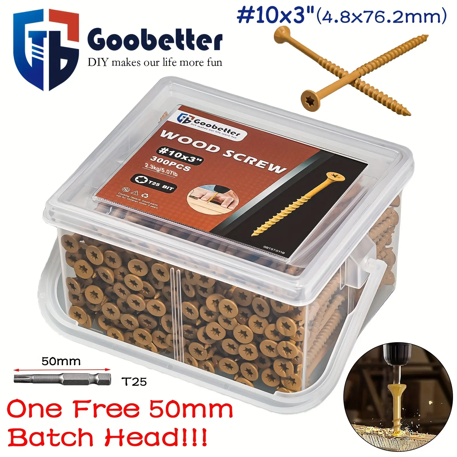 300pcs Yellow Deck Screws 3 Inch, Wood Screws #10 X 3", Carbon Steel, Rust Resistant Finish Galvanized, Outdoor Decking Screws, Self Tapping Screws, Torx/Star Drive Head Deck Screw for Wood Metal Plastic, 2pcs (50Mm+100Mm) T25 Star Bit Included