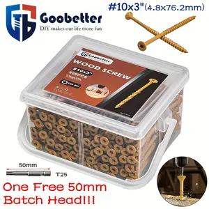 300pcs Yellow Deck Screws 3 Inch, Wood Screws #10 X 3", Carbon Steel, Rust Resistant Finish Galvanized, Outdoor Decking Screws, Self Tapping Screws, Torx/Star Drive Head Deck Screw for Wood Metal Plastic, 2pcs (50Mm+100Mm) T25 Star Bit Included