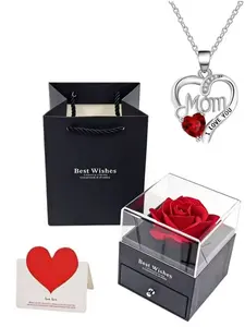 Mother's Day Gift Set, Heart-Shaped Ruby Necklace, Rose Flower Pendant, Elegant Jewelry Box, Express Love to Mom, Perfect Mother's Day Present