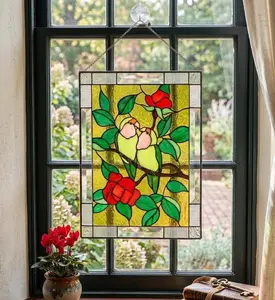 Lovebirds Stained Glass Window Panel, Parrot Art Suncatcher, Custom Hanging Decor, First Mothers Day Gift, Anniversary Present