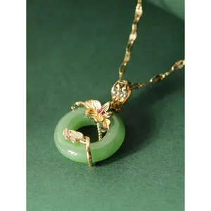 1 Green Peace Buckle Necklace Flower Ring Micro-Paved Light Luxury Niche Green Jade Lotus Leaf Pendant Suitable For Daily Wear By Women Valentines