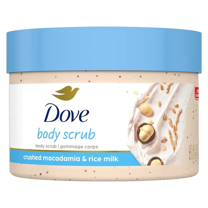 Dove Exfoliating Body Scrub, Macadamia & Rice Milk Formula, Nourishing Cleanser for Visibly Smoother, Repaired Skin, Bath & Body Care Product