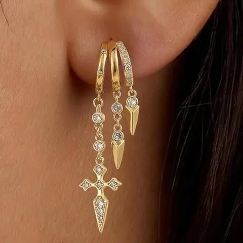 FREEKISS Gold Triple C-Shaped CZ Hoop Earrings with Double Layer Cross Dangle Stud Earrings for Women mother's Day Gift