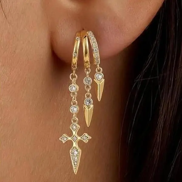 FREEKISS Gold Triple C-Shaped CZ Hoop Earrings with Double Layer Cross Dangle Stud Earrings for Women mother's Day Gift homeessentials