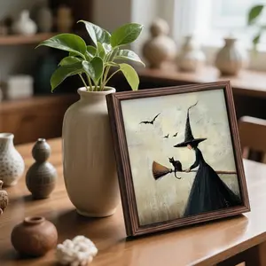 1 Piece, Cat Sitting On Witch Broom & Bat Combination Wooden Photo Frame Decorative Painting Art, Halloween Decoration, Halloween Gift, Perfect For Desktop Decoration, Wall Decoration, Home Decoration, Cafe Decoration