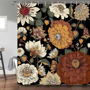Boho Floral Botanical Shower Curtain, Mid Century Morden Abstract Bohemian Flowers Tropical Leaves Bathroom Curtain, Waterproof Fabric Bathroom Accessories with Hooks 69X72
