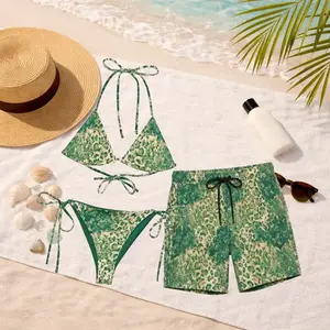 [Hot Summer 2026] Green Amethyst Leopard String Bikini and Men’s Swim Trunks Set, Vintage Animal Print Couple Swimsuit