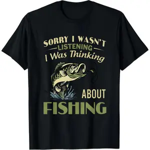Unisex funny fishing T-shirt, printed with the words "Sorry, I didn't hear what you said" and a bass fish pattern, vintage style fisherman T-shirt for men and women, satirical outdoor clothing