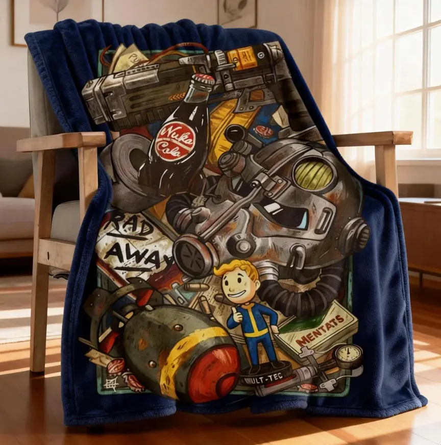 Fallout Themed Classic Flannel Cozy Blanket-Soft Flannel Throw, Machine Washable, Multi-Purpose for Sofa, Outdoor Use, Ideal for Game Fans, Perfect for Cozy Setup