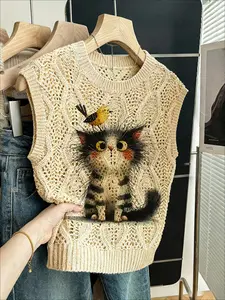 Women's Casual Artistic Animal Cat & Bird Print Knit Sweater Vest, Round Neck Sleeveless, Comfortable Breathable, All Seasons Wear