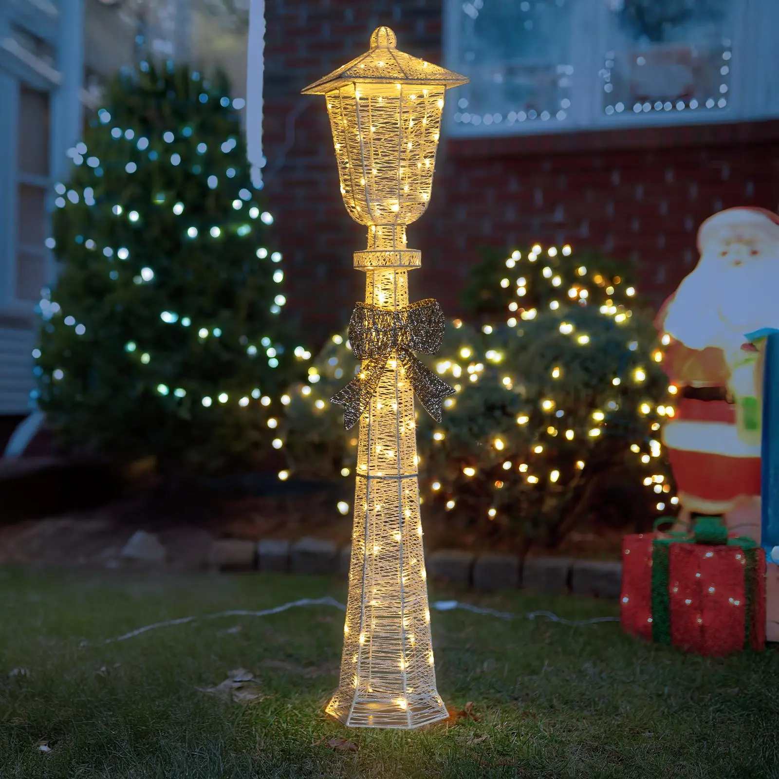 5FT Lighted Christmas Lamp Post with Bowknot - 110 Warm White LEDs (Indoor/Outdoor Xmas Decor)