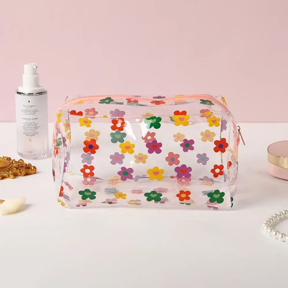 Colorful Floral Pattern Transparent Makeup Bag, Large Capacity Portable Cosmetic Organizer, Stylish Travel Toiletry Pouch for Women