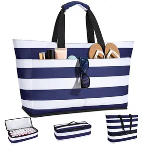 Extra Large Beach Bag Waterproof Beach Totes Bags With a Thermos Flask, Blue and white striped pattern, Lightweight Foldable Pool Bag with Zipper Wet Compartment