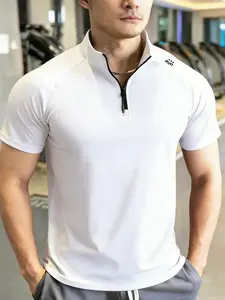 Men's Summer Short Sleeve T-Shirt, Stand Collar Comfortable Soft Breathable Half-Zip Polo Shirt, Spring Summer Athletic Sport Quick-Dry Top
