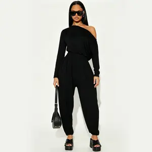 Woman's Black One Shoulder Jumpsuit Long Sleeve Harem Pants High Waist Casual Chic Slim Fit Club Party Evening Outfit Fashionable Stylish Trendy Modern Elegant Sophisticated