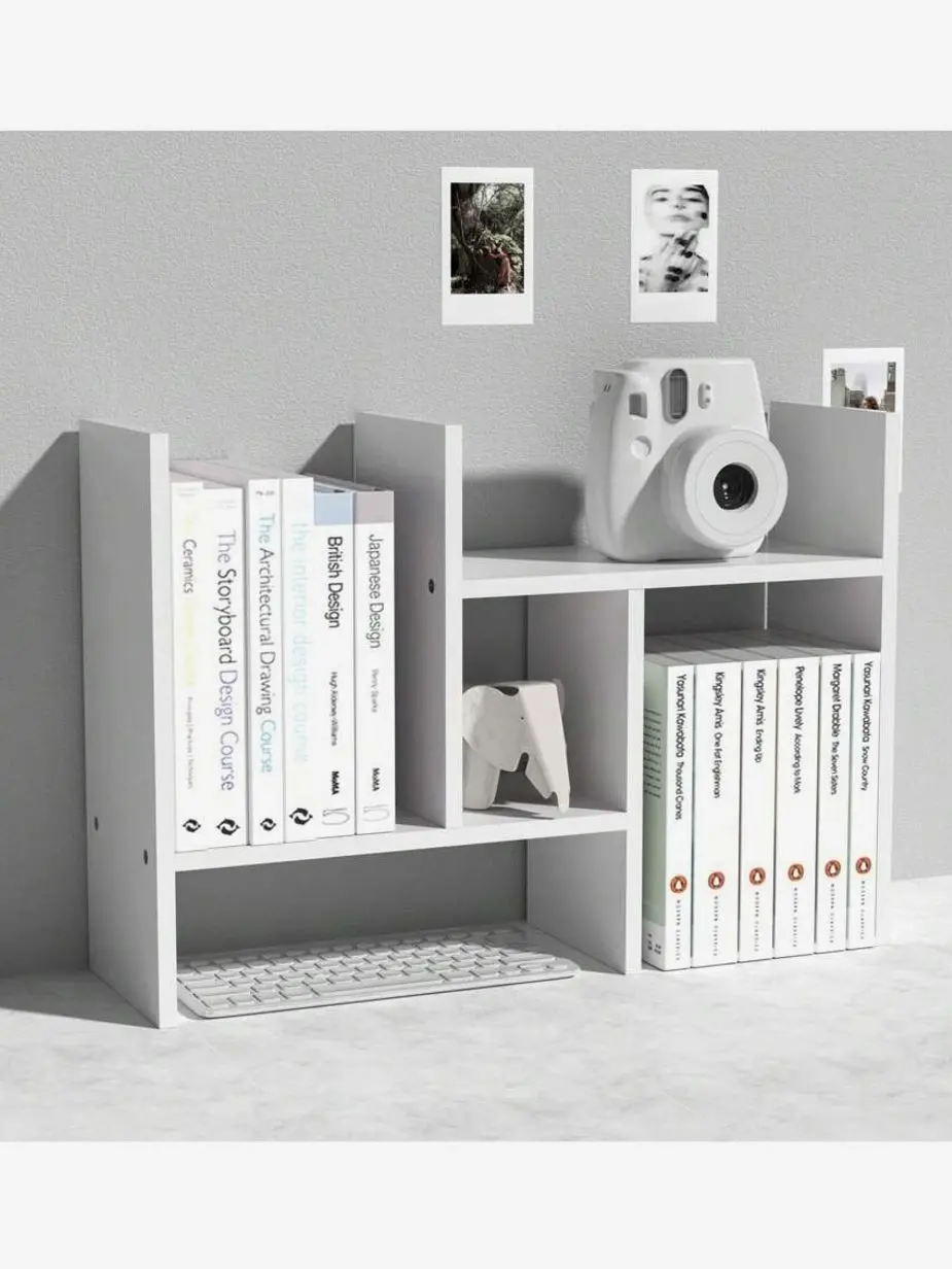 1SET Storage Desktop Organizer For Your Desk Space, Double H Plants Display Shelf, Home Office Storage Rack Adjustable Stackable For Office, Dormitory, Home - Free Standing Shelf White