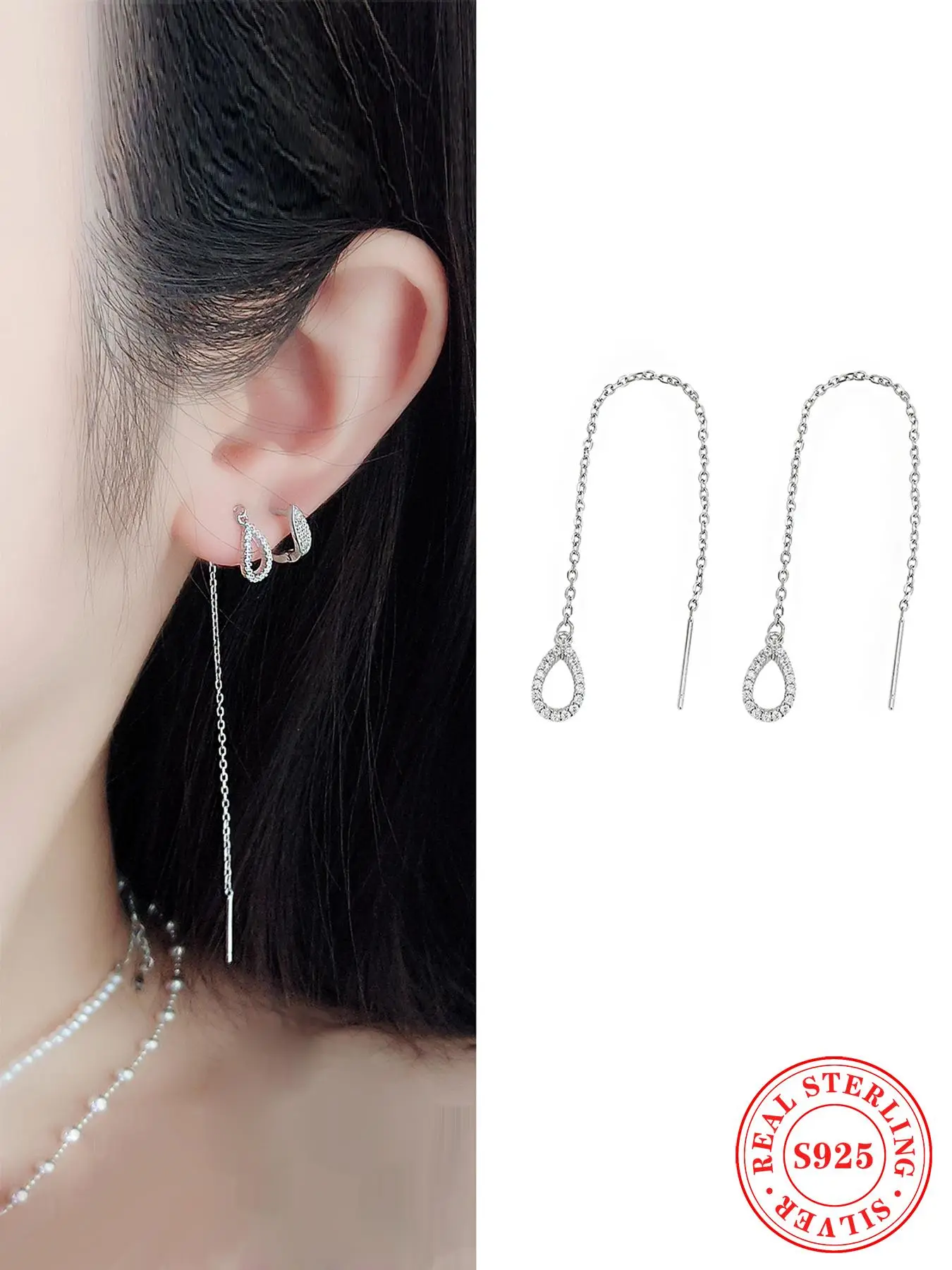 925 Sterling Silver Women's Elegant Rhinestone Decor Dangle Earrings, Dangling Earrings, Teardrop Earrings, Exquisite Trendy Earrings, Chain Earrings, Fashionable Jewelry for Women for Daily & Party Decoration