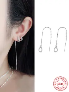925 Sterling Silver Women's Elegant Rhinestone Decor Dangle Earrings, Teardrop Earrings, Exquisite Trendy Earrings, Fashionable Jewelry for Women for Daily & Party Decoration