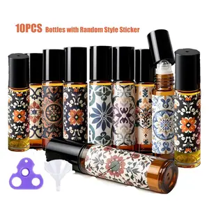 10pcs Rollerball Bottles with Stickers, Amber Glass Empty Bottles for Essential Oils, Perfume, Lip Gloss Travel Use, Best Mother's Day Gift