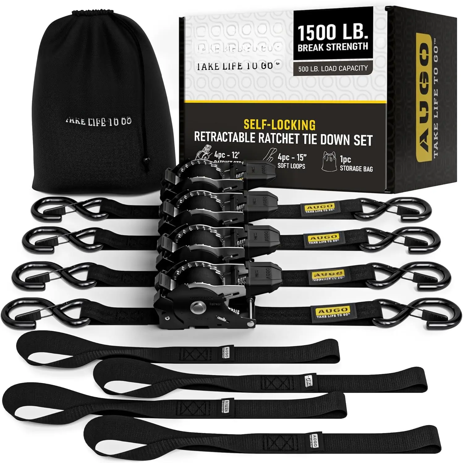 Self-Locking Retractable Ratchet Straps | 4 Heavy Duty Self-Tensioning Retractable Tie Down Straps with Soft Loops & Storage Bag | for , , Cargo | 1500Lb Break Strength 1 x 12