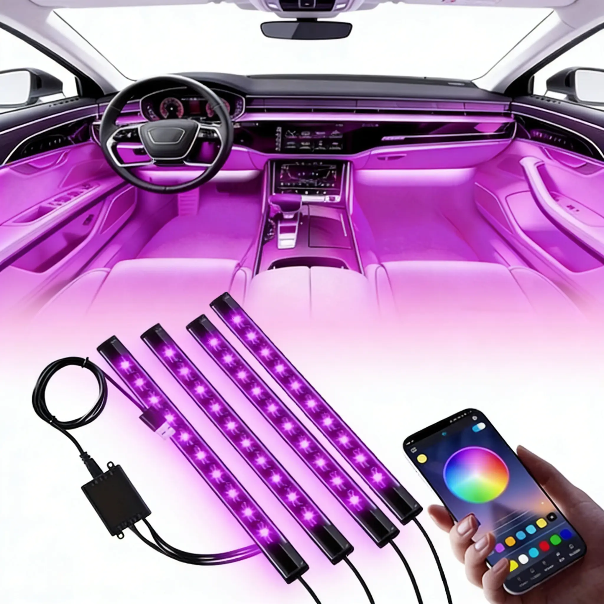 5W USB Powered RGB Car Recessed Lights Kit (4 Adhesive Peel Strips) - App Control, Music Sync, Waterproof Strobe Safety Decor, For Automobiles Truck Jeep Accessories, Holiday Gift for Men