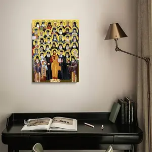 1 Piece Handmade Greek Orthodox Modern Saint Portrait - Golden Background Byzantine Art Wall Decoration, Exquisite Patterns and 24 Saint Portraits, Wooden Board Framed, Suitable for Church, Living Room, Bedroom - Spiritual Home Decoration, Religious Wall