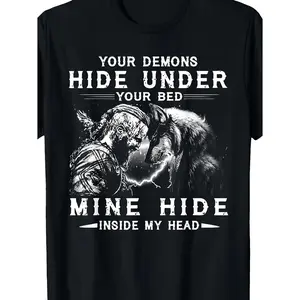 Unisex Viking Wolf Graphic T-Shirt, Casual Short Sleeve Round Neck Top in Breathable Heavyweight Cotton, Plus Size for Fitness & Travel