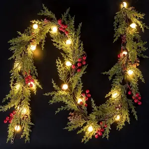 Christmas Garland with 20 Globe Lights Garland Christmas Decorations Battery Powered, PineCones Bells Christmas Garland for Mantel Door Fireplace Holiday Indoor Outdoor