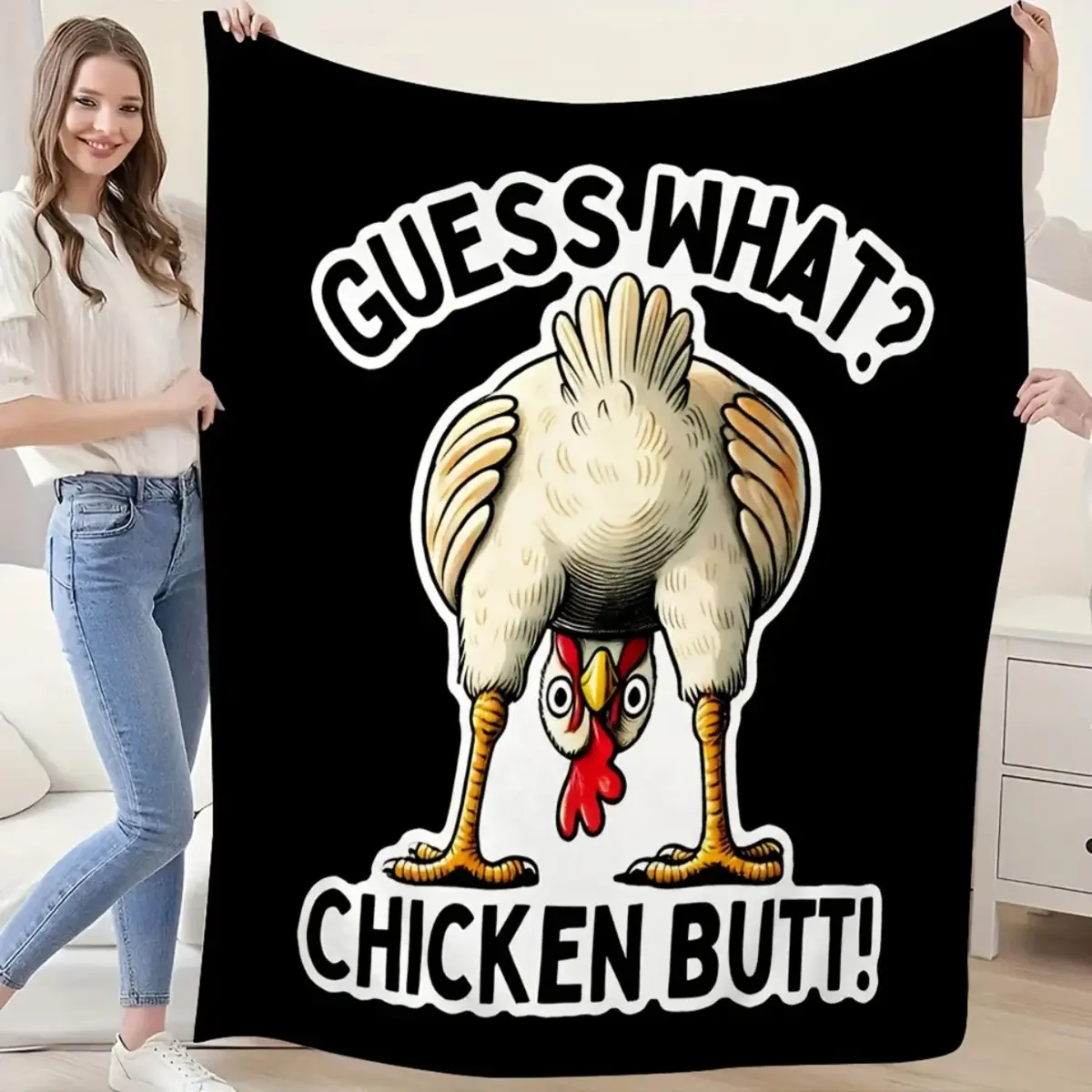 1pc Funny Chicken Throw Blanket - Soft Flannel All-Season Cozy Blanket with "Guess What? Chicken Butt!" Text, Black Background - for Bed, Sofa, Car, Travel, Home Decor - Perfect Gift for Poultry Lovers, Chicken Print, Fading Resistant