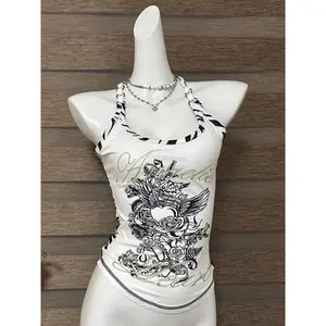 2000s Aesthetic American Vintage Graphic Tees  White Zebra Print Sling Punk Sexy Tank Tops Casual Harajuku Streetwear Summer