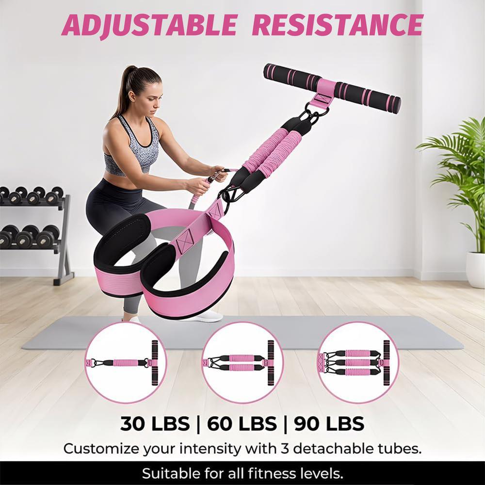 T-Handle Foot Pedal Pull Rope Set, pink tough latex tubes with adjustable foot straps, drawstring pouch included, beginner sports equipment, home repetitive drills outdoor leisure walking neighborhood group training gear