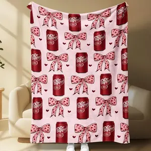 Dr Pepper Love Flannel Throw Blanket, Decorative Throw Blankets, Soda Can, Heart Bow & Artistic Design, Office and Car Interior Decoration, Soft Cozy Warm，150*180cm（59.06*70.87inch）