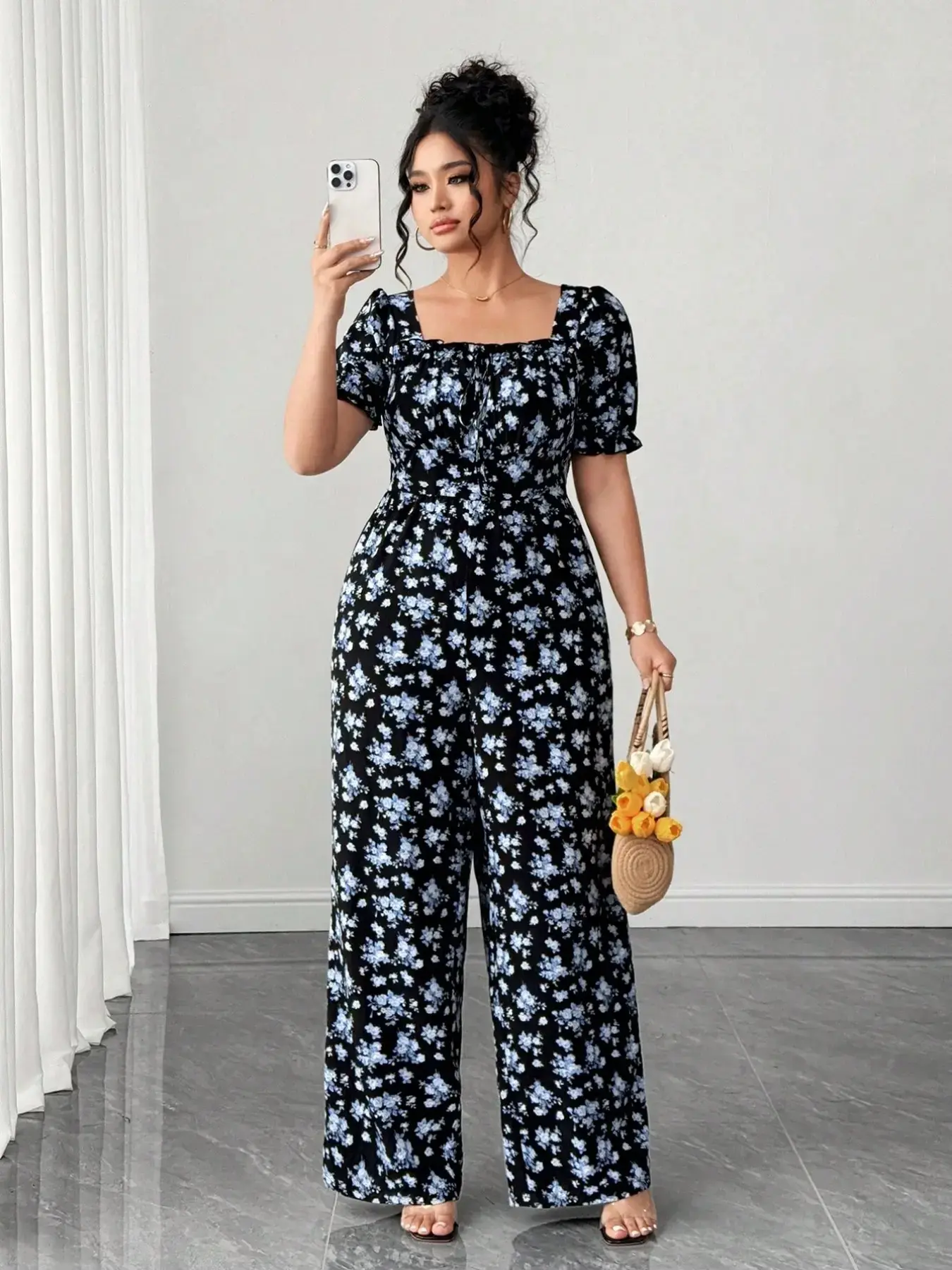 Women's Plus Size Jumpsuit Ditsy Floral Print Square Neck Short Puff Sleeve Wide Leg Pants Rompers Casual Summer Vacation Trendy