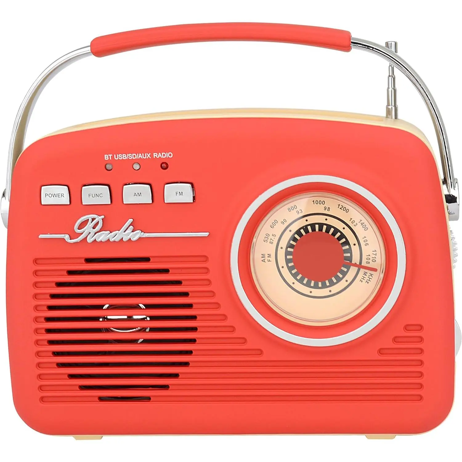 Supersonic SC-1201BT Retro Portable Bluetooth Speaker - Vintage Vibes, AM/FM Radio, Red Aesthetic Audio, Crystal Sound, Friend-Friendly Design, Included Cable, SD Card Compatibility, Charging