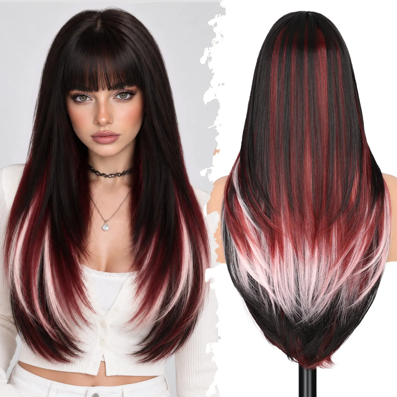 HIUSVO Calico Wig with Bangs for Women 26Inch Long Synthetic Wigs 4x2 Realistic Scalp Natural Looking Glueless Adjustable Cap Daily Party Cosplay Halloween Holiday Use