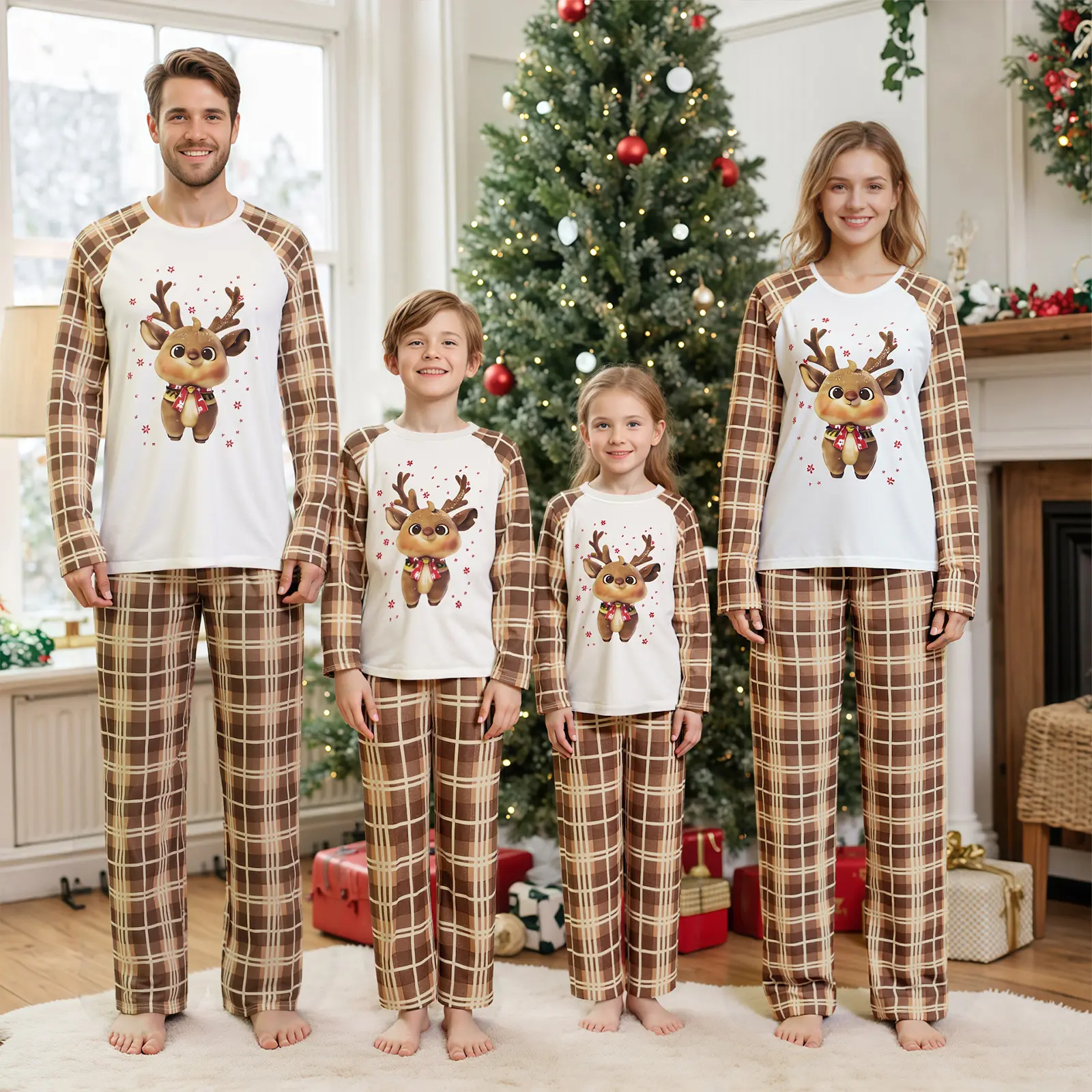 FOCUSNORM Family Matching Christmas Pajamas Set Plaid And Reindeer Print Holiday Pajamas Sleepwear Dad Mom Kids PJs