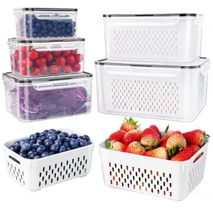 3 Pack Fridge Organizers, Stackable Fruit Storage Containers, Food Storage Containers, BPA-Free, Removable Colander, Ideal for Salad, Berries, Vegetables, Meat, Plastic Storage Containers