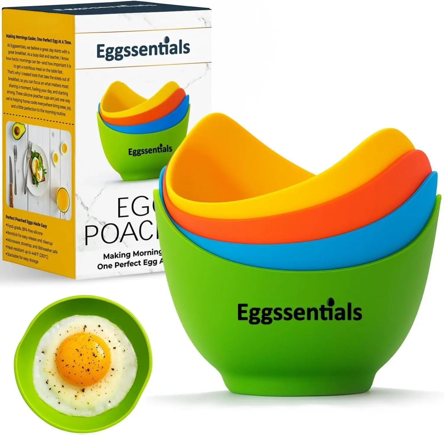 Eggssentials - Poached Egg Cups - Pack of 4 - BPA Free Silicone Egg Poacher Cups - Nonstick Poached Egg Cooker for Microwave, Stovetop, Baking – Easy to Clean Poaching Pods for Perfect Eggs