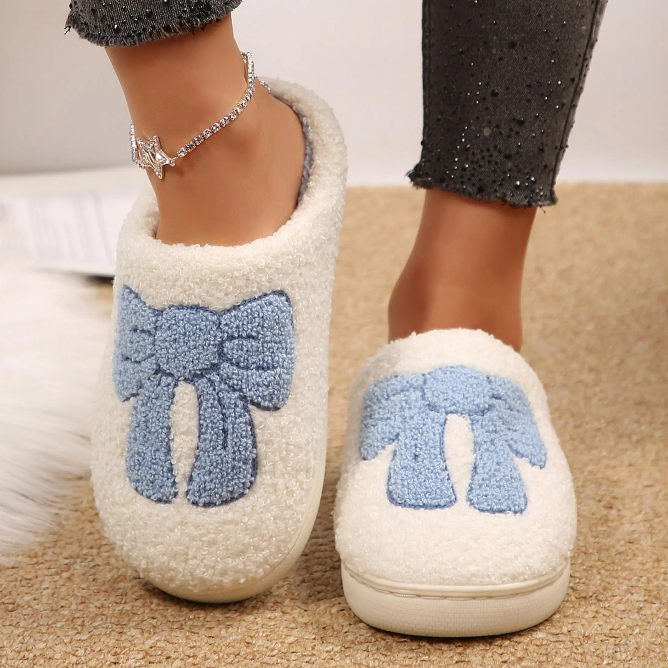 Women's Holiday Gift Sweet Bow Closed Toe Slippers Warm Plush Bedroom Loungewear House Shoes