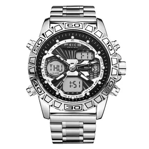 FEICE Multi-Function Dual Display Watch 2025 Trendy Men's All-Match Classic High-End Watch Luminous Waterproof Rare Silver Luxury Men's quality Watch Industrial Retro Punk Dual Movement Watch mens